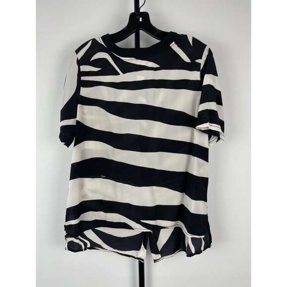 DIANE VON FURSTENBERG Black White Animal Zebra Button Back Short Sleeve Blouse M - Picture 1 of 9